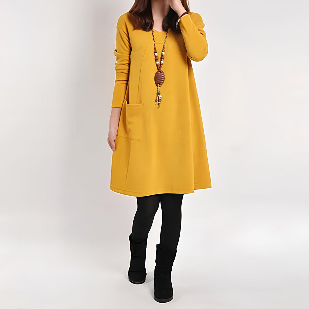 Angie | Midi Summer Dress with V-Neck and Long Sleeves
