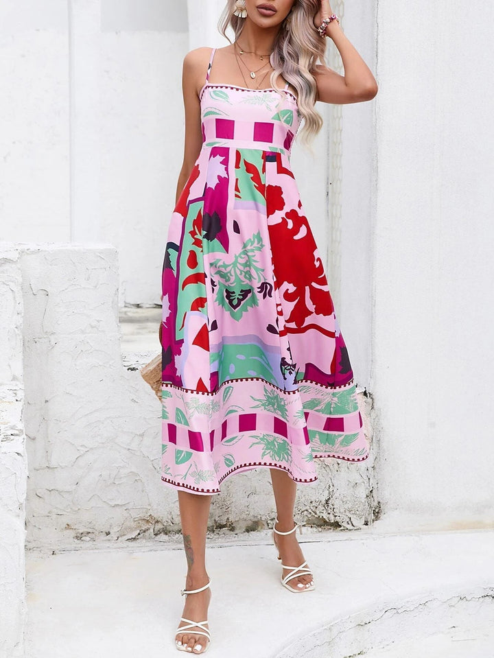 Eve | Midi Summer Dress with Abstract Print and Spaghetti Straps