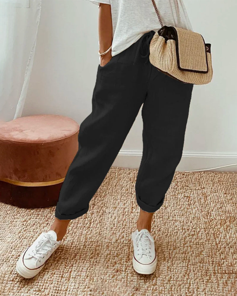 Bea | Relaxed Fit Trousers with Drawstring Waist and Rolled Hem