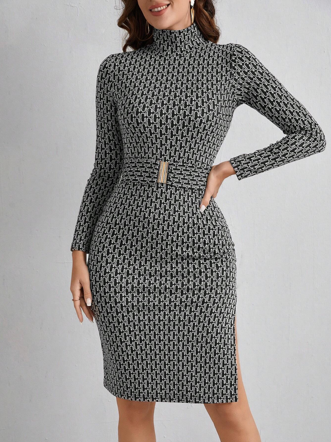 Sandra | Midi Sweater Dress with Mock Neckline and Side Sllit