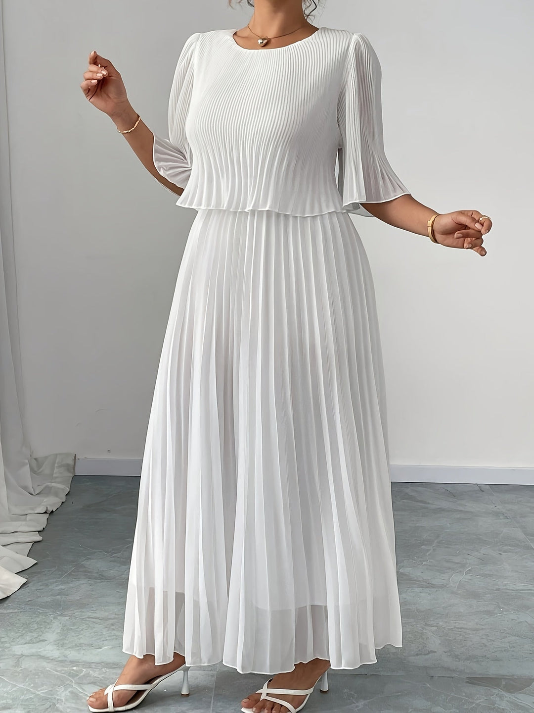 Claire | Maxi Wedding Guest Dress with Pleated Skirt and Round Neck