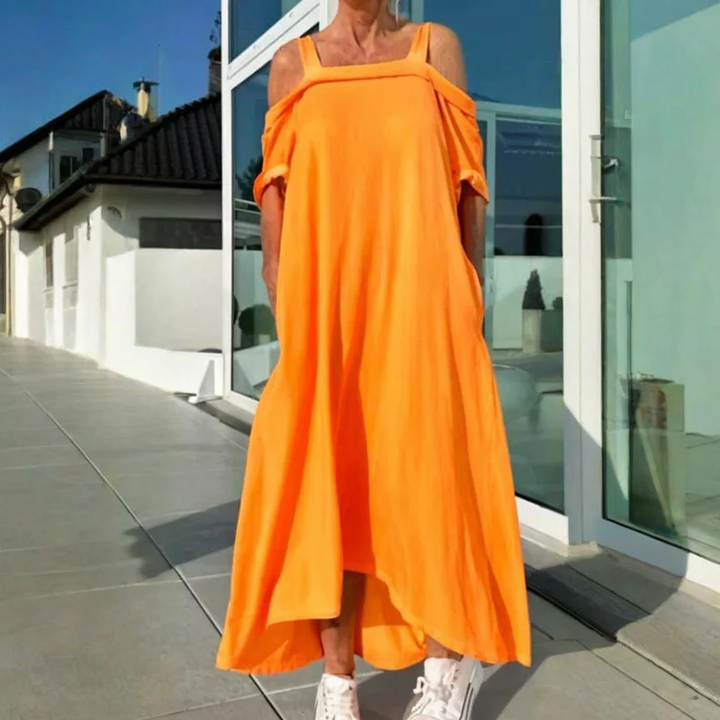 Rose | Midi Summer Dress with Cold Shoulder and Strappy Detail