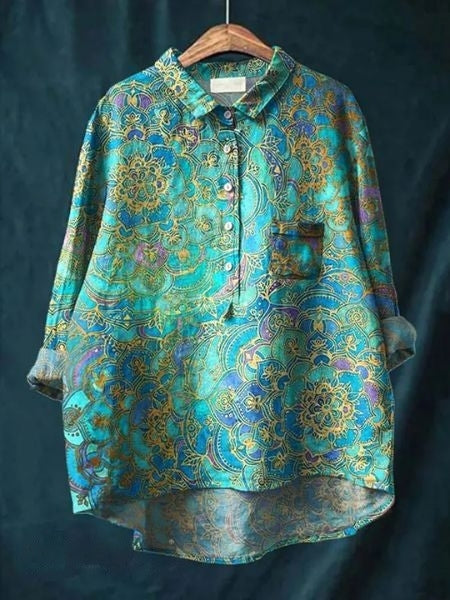 Flora | Floral Print Blouse with Shirt Collar and Long Sleeves