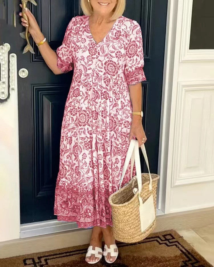 Phoebe | Midi Summer Dress with Boho Print and V-Neck