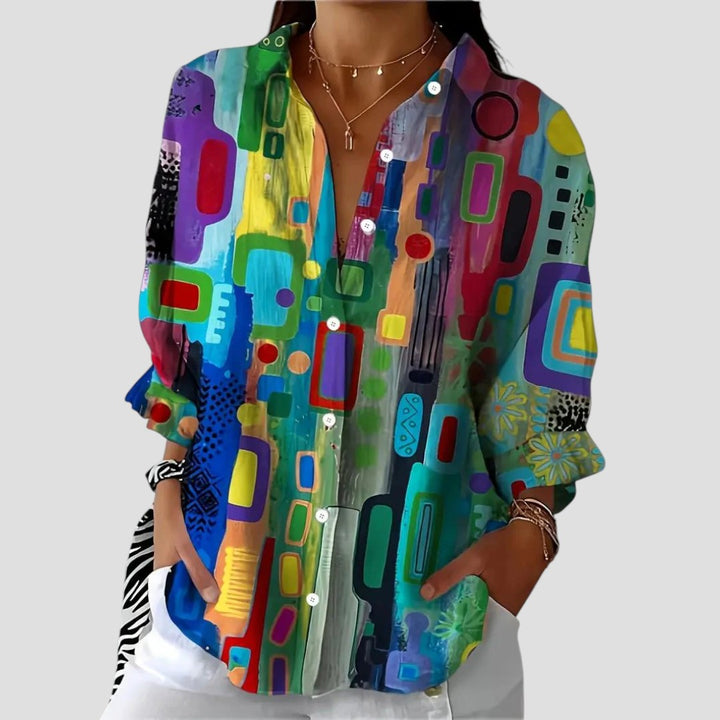 Freya | Abstract Print Top with Button Front and Long Sleeves