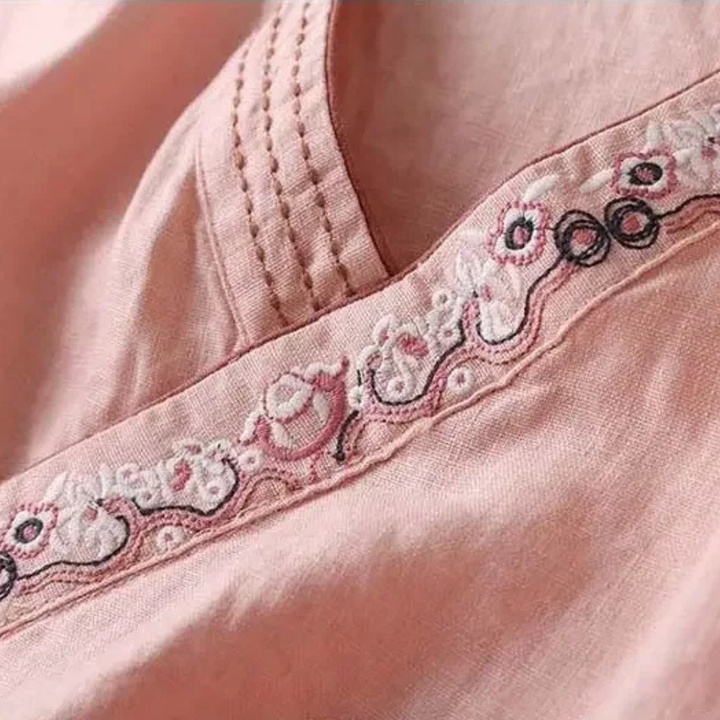 Xia | Wrap Blouse with Embroidered Trim and Side Tie