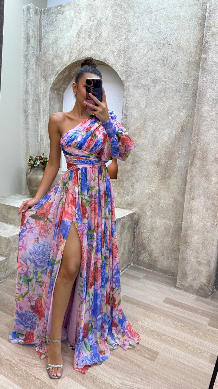 Millie | Maxi Wedding Guest Dress with One Shoulder and Floral Print