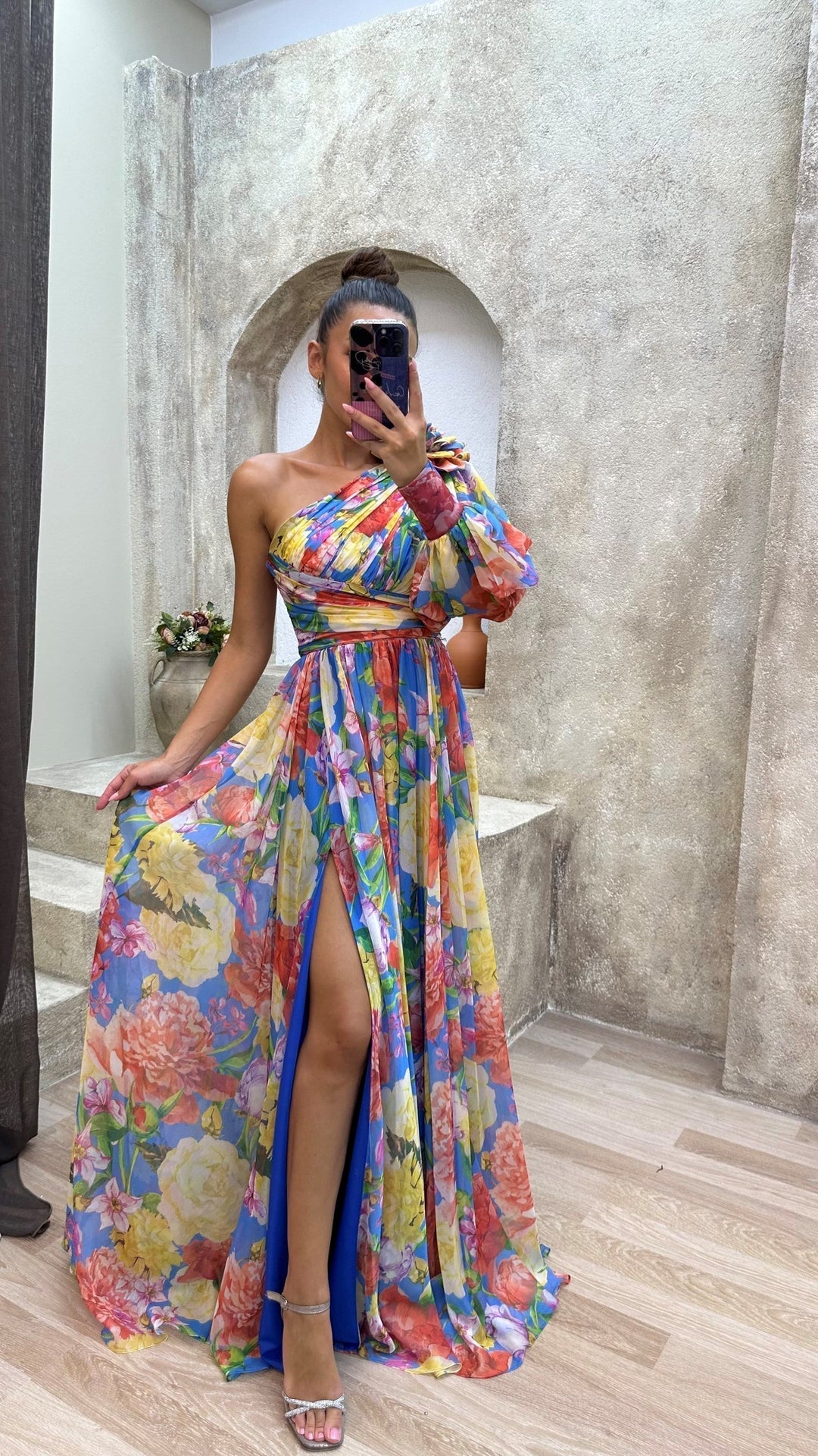Millie | Maxi Wedding Guest Dress with One Shoulder and Floral Print