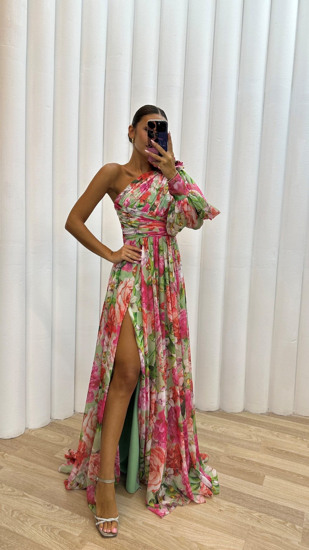Millie | Maxi Wedding Guest Dress with One Shoulder and Floral Print