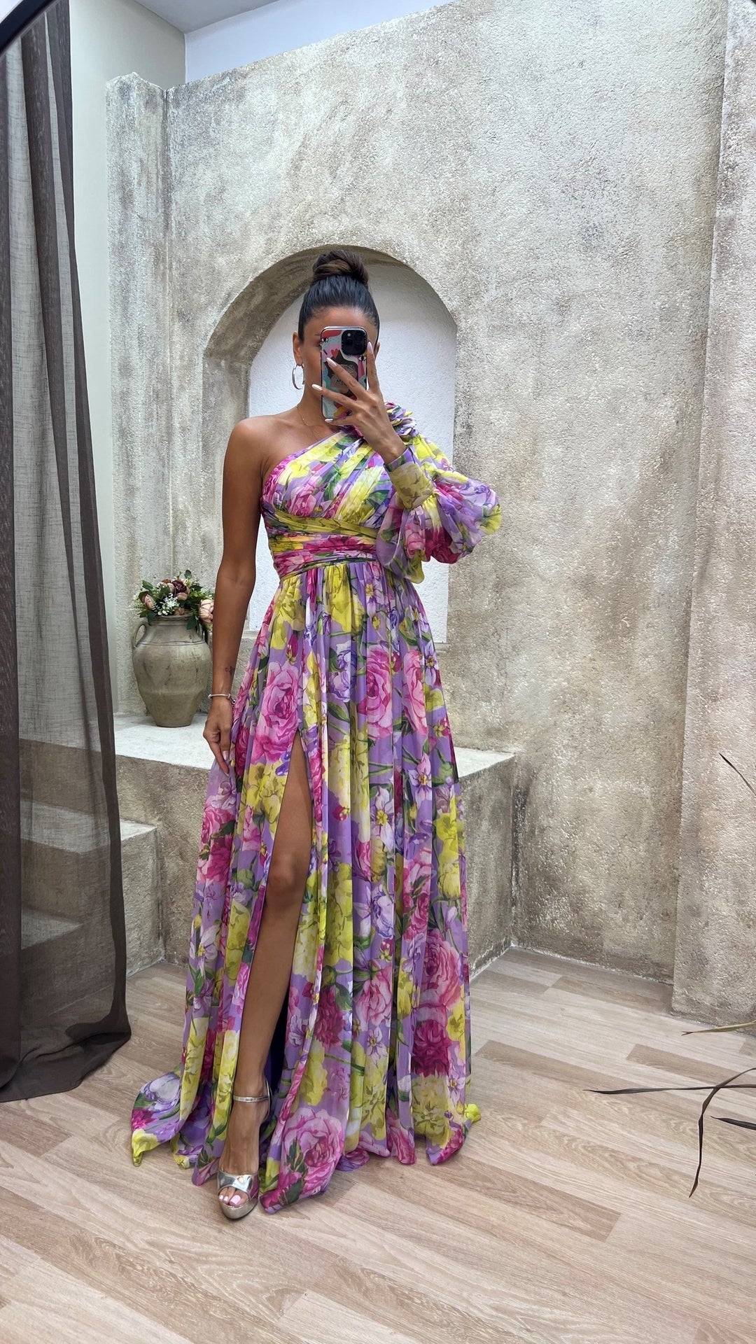 Millie | Maxi Wedding Guest Dress with One Shoulder and Floral Print