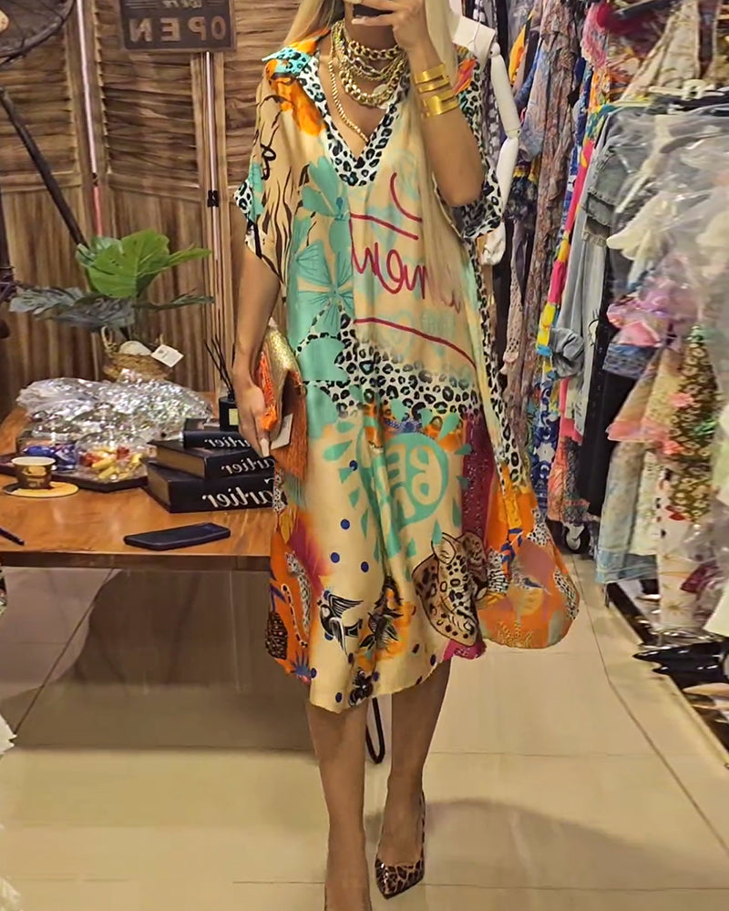 Debra | Midi Summer Dress with Boho Print and V-Neck