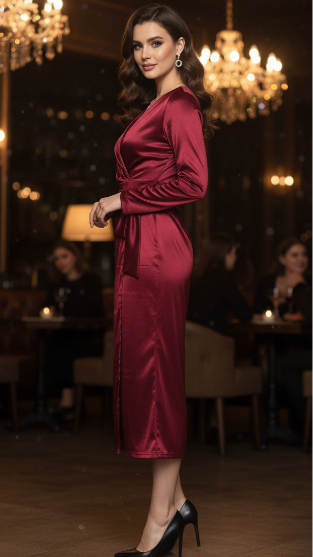 Victoria | Midi Wrap Dress with V Neckline and Long Sleeves