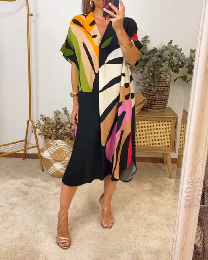 Lisa | Midi Summer Dress with Abstract Print and Batwing Sleeves