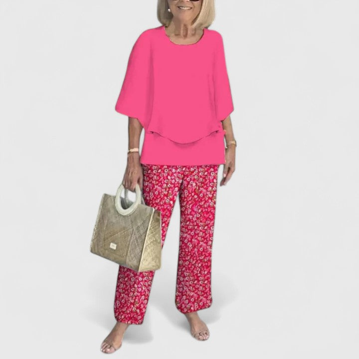 Marge | Matching Set with Floral Print Trousers and Layered Top