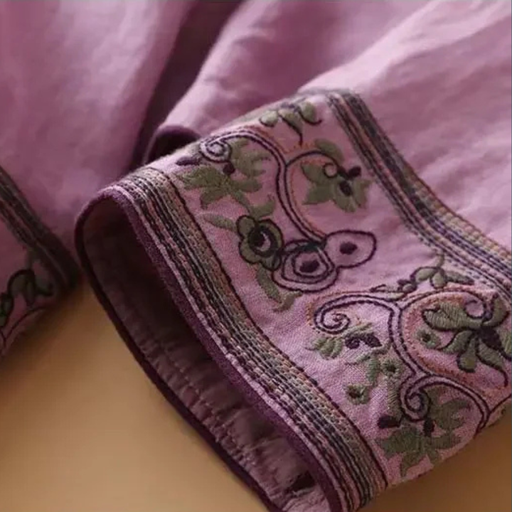 Xia | Wrap Blouse with Embroidered Trim and Side Tie