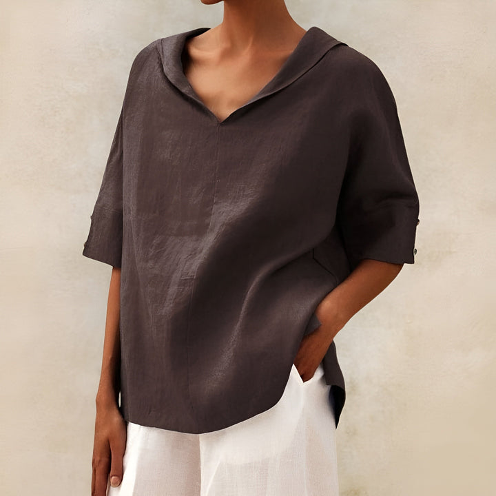 Ria | Linen Top with V-Neck Collar and Relaxed Fit