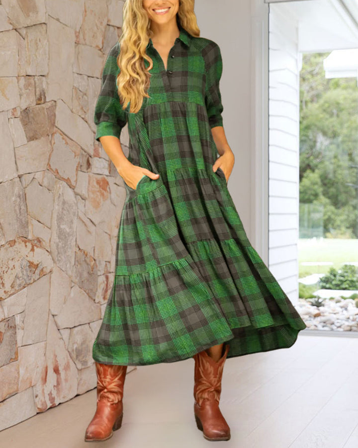 Nica | Midi Shirt Dress with Plaid Print and Tiered Skirt