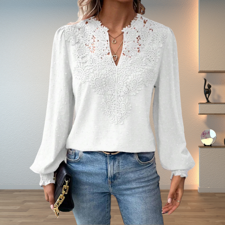 Vivian | Split V Neck Blouse with Lace Detail and Puff Sleeves