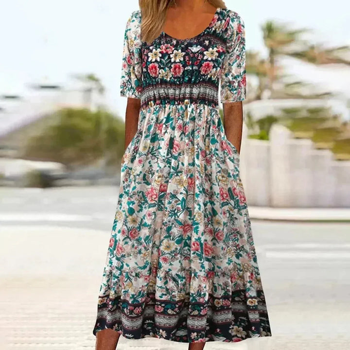 Jessica | Midi Summer Dress with Boho Print and Smocked Bodice