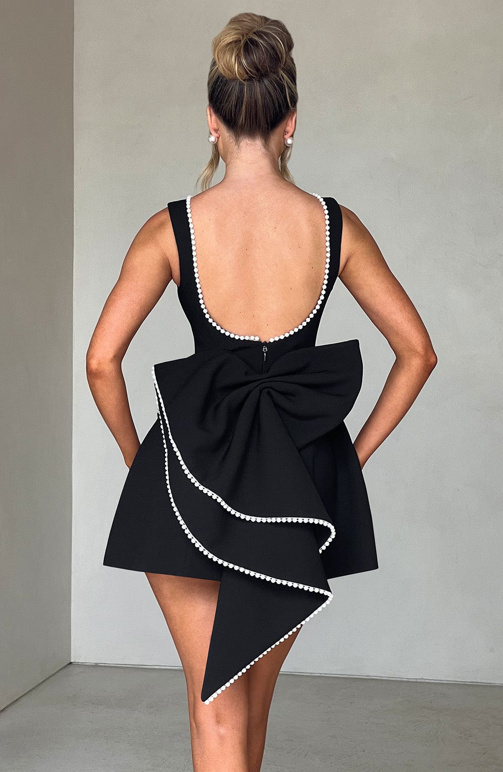 Rita | Mini Wedding Guest Dress with Boat Neck and Bow Back