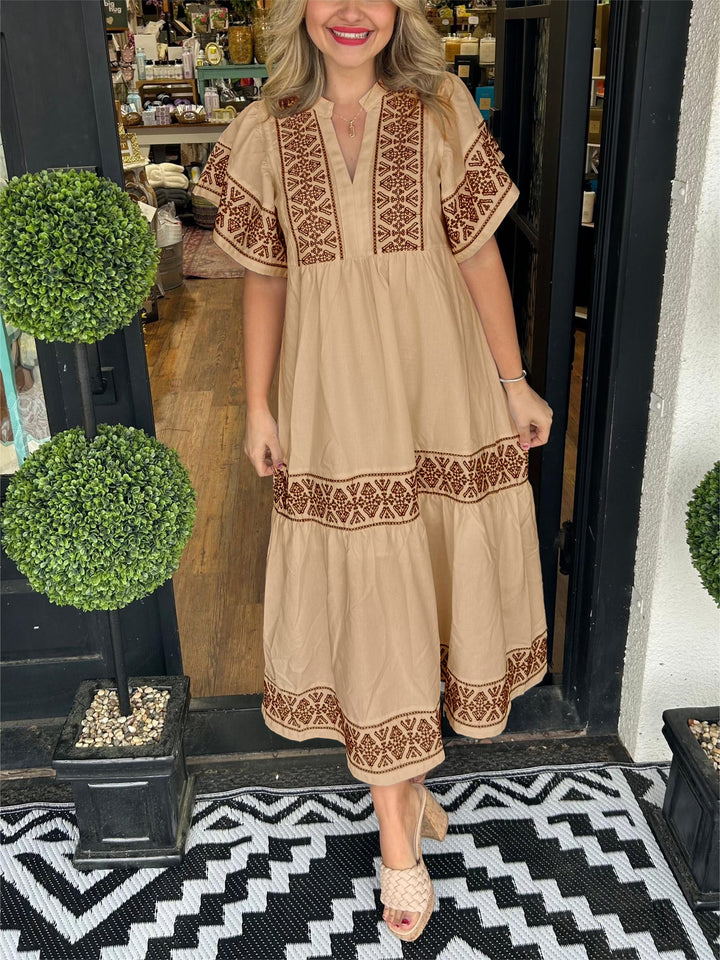 Kylie | Midi Summer Dress with Embroidered Detail and V-Neck