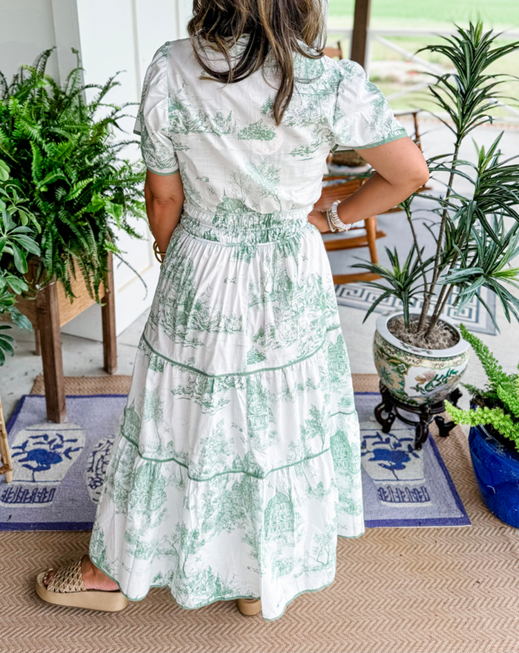 Nova | Midi Shirt Dress with Toile Print and Tiered Skirt