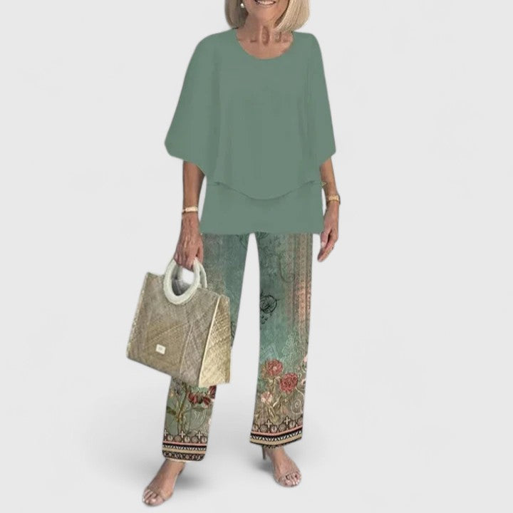 Marge | Matching Set with Floral Print Trousers and Layered Top