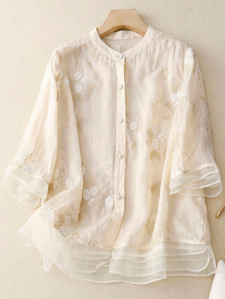 Adele | Embroidered Blouse with Mandarin Collar and Button Front