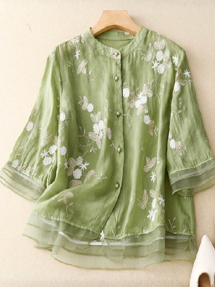 Adele | Embroidered Blouse with Mandarin Collar and Button Front