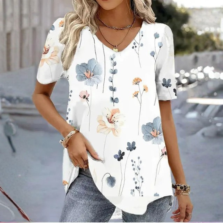 Wren | Floral Print Top with V Neckline and Short Sleeves