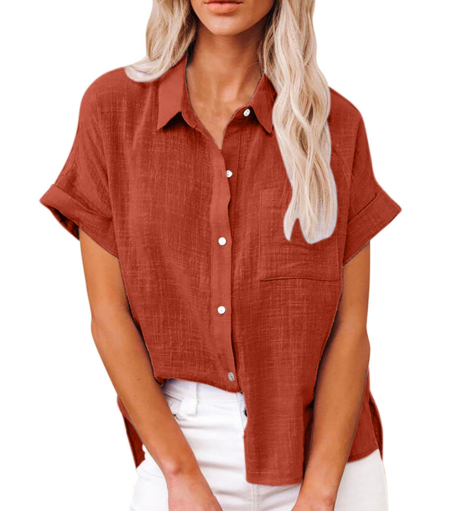 Liz | Short Sleeve Blouse with Shirt Collar and Chest Pocket