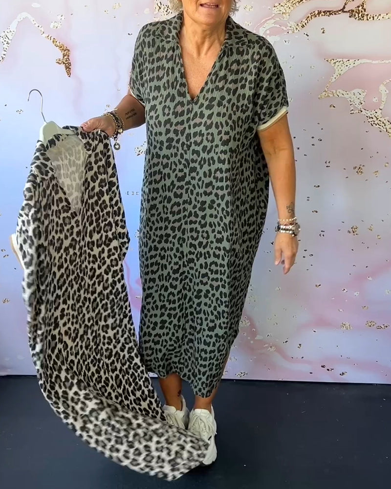 Lenny | Midi Summer Dress with Leopard Print and V-Neck