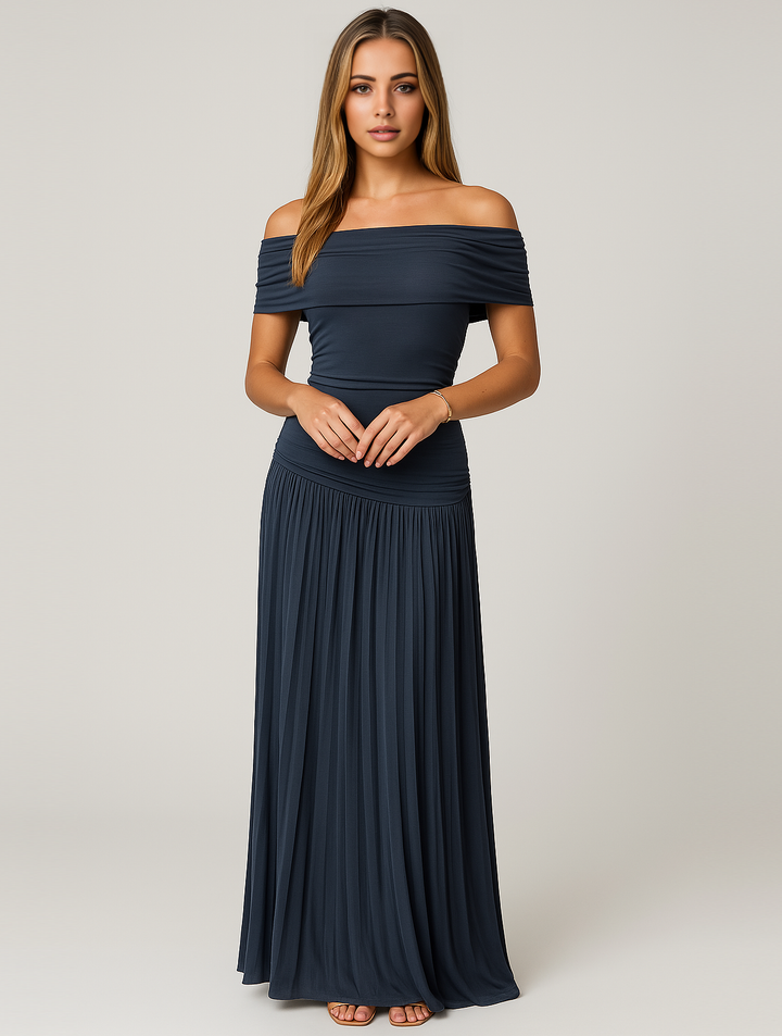 Bella | Maxi Wedding Guest Dress with Off Shoulder and Pleated Skirt