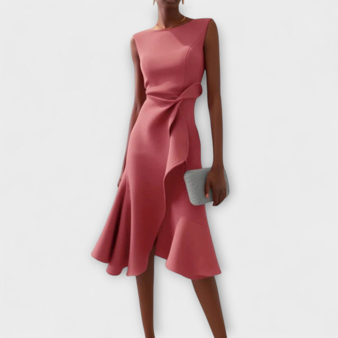 Sheila | Midi Cocktail Dress with Asymmetric Hem and Draped Bodice