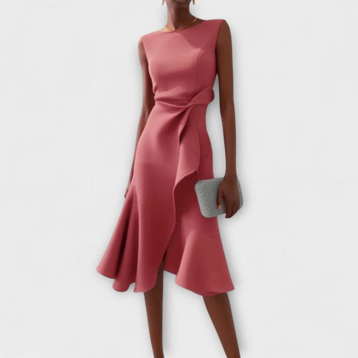 Sheila | Midi Cocktail Dress with Asymmetric Hem and Draped Bodice