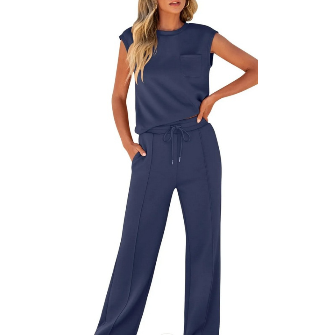 Cleo | Wide-Leg Trousers Set with Cap Sleeve Top and Drawstring Waist