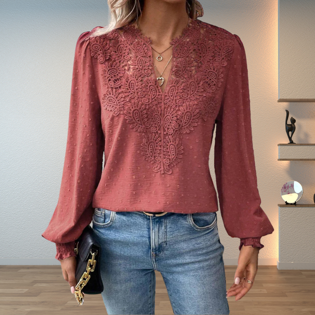 Vivian | Split V Neck Blouse with Lace Detail and Puff Sleeves
