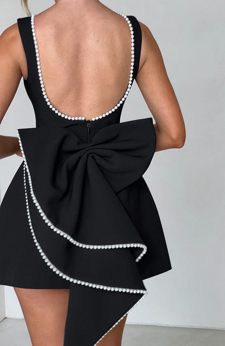 Rita | Mini Wedding Guest Dress with Boat Neck and Bow Back