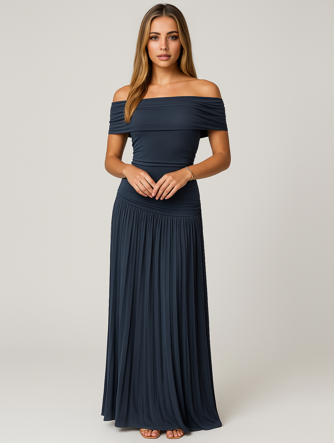 Isabel | Maxi Wedding Guest Dress with Off Shoulder and Pleated Skirt