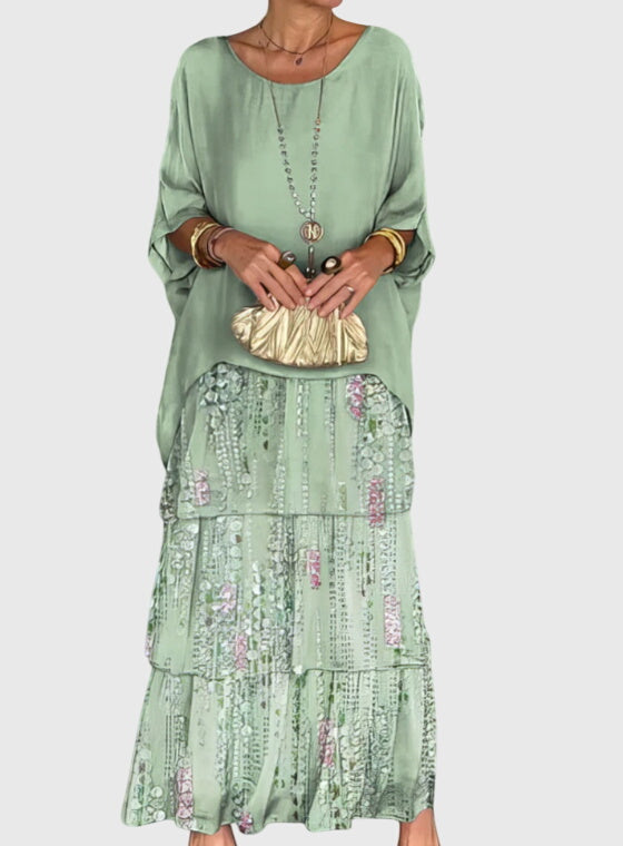 Susan | Two-Piece Set with Round Neck Top and Maxi Tiered Skirt