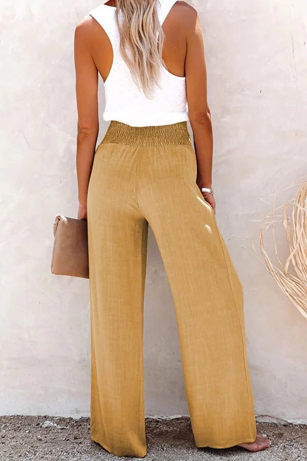 Ivy | Wide Leg Trousers with Smocked Waist and Button Detail