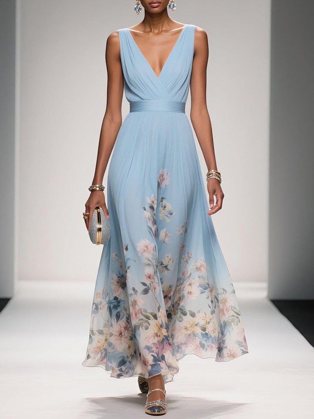 Ana | Maxi Wedding Guest Dress with Floral Print and V-Neck