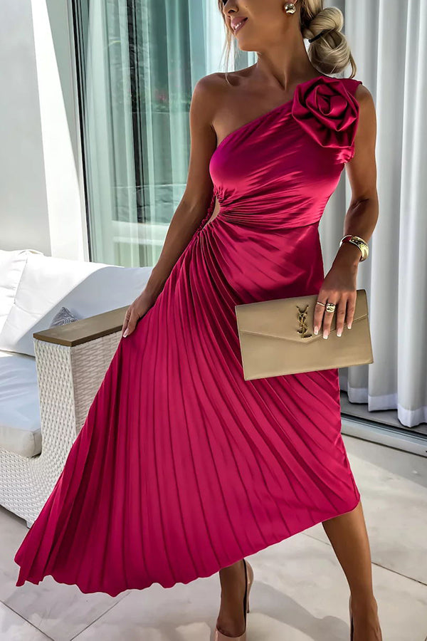 Lizbeth | Midi Wedding Guest Dress with One Shoulder and Pleated Skirt
