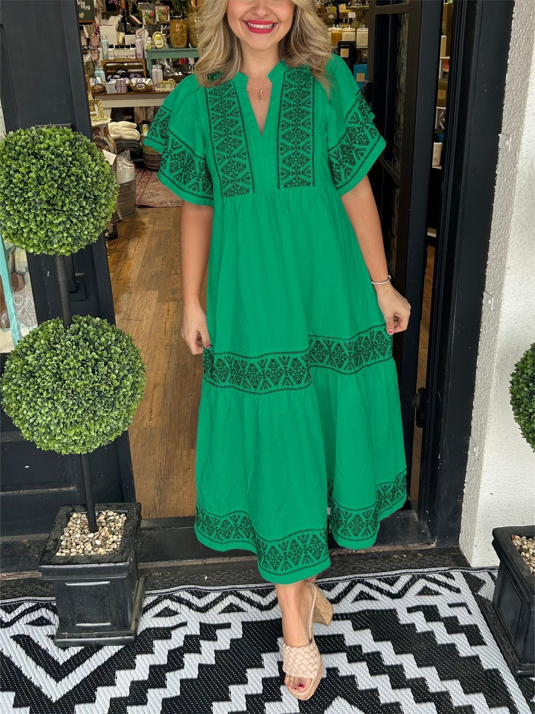 Kylie | Midi Summer Dress with Embroidered Detail and V-Neck