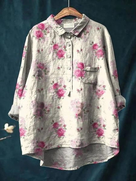 Flora | Floral Print Blouse with Shirt Collar and Long Sleeves