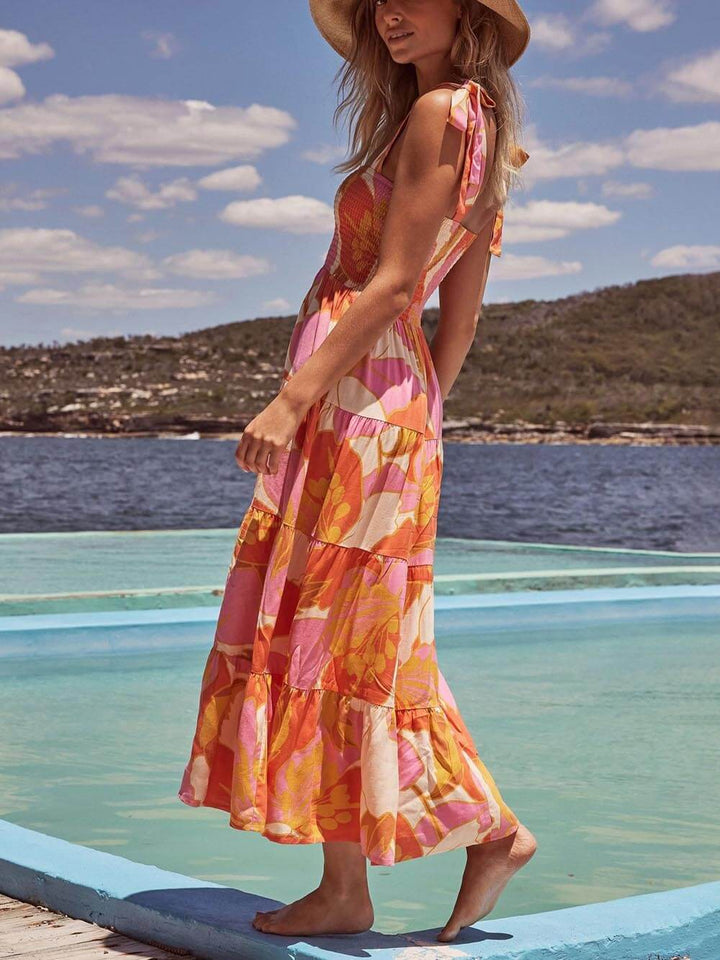 Jasmine | Midi Holiday Dress with Boho Print and Smocked Bodice