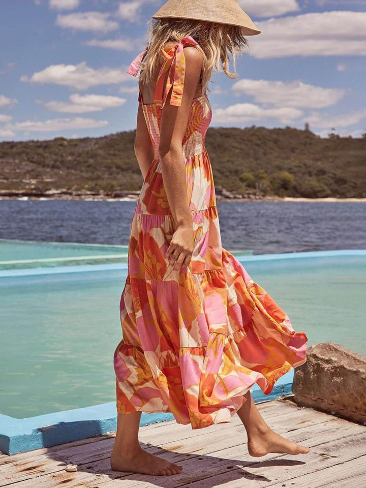 Jasmine | Midi Holiday Dress with Boho Print and Smocked Bodice