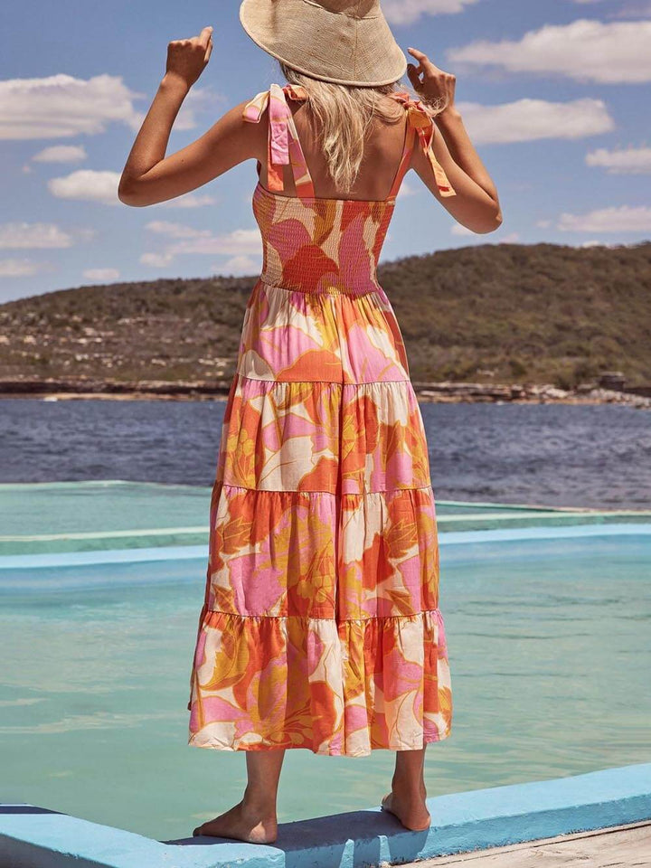 Jasmine | Midi Holiday Dress with Boho Print and Smocked Bodice