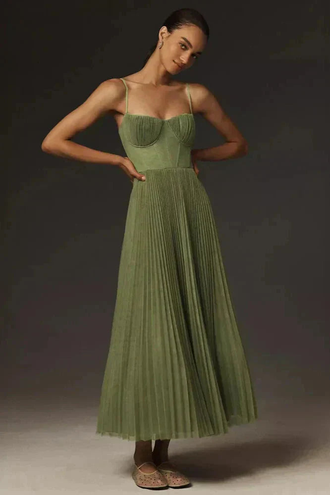 Sophia | Midi Wedding Guest Dress with Pleated Skirt and Corset Bodice