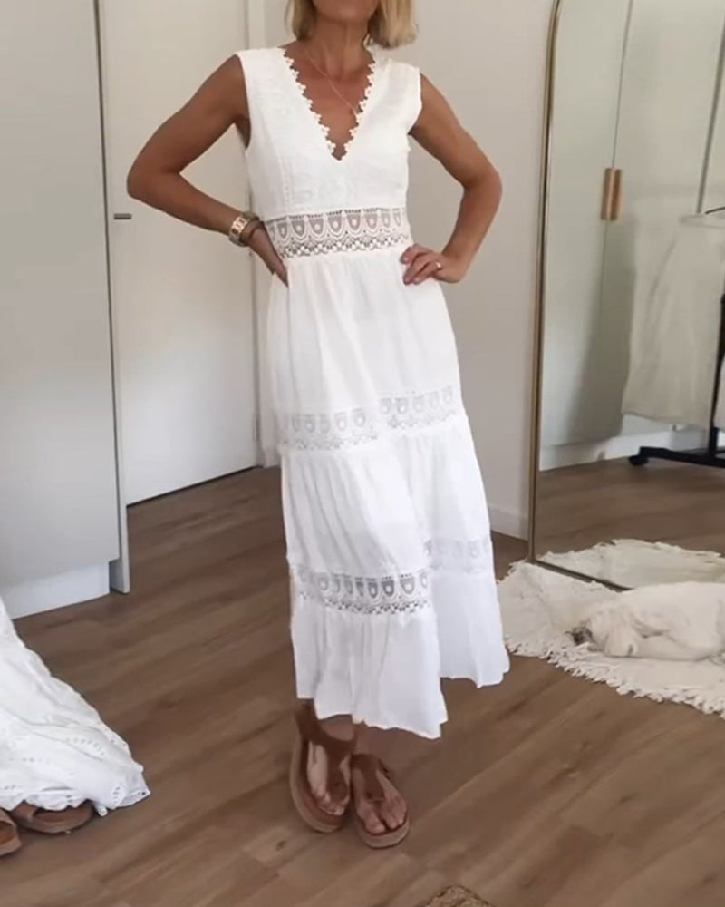 Jenna | Midi Wedding Guest Dress with V-Neck and Lace Detail